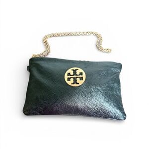 Tory Burch Black Leather  Chain Shoulder Crossbody Bag Black pebbled leather